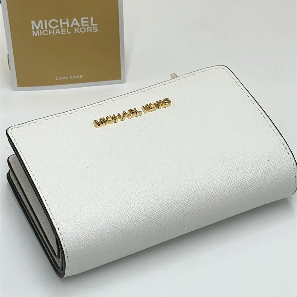 Michael Medium Crossgrain Leather Bifold Wallet Optic White  NWT